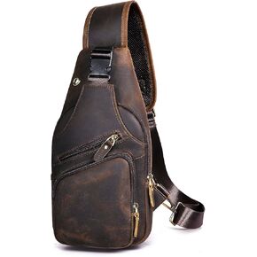 Le'aokuu Men Fashion Casual Tea Designer Travel Hiking Crossbody Chest Sling Bag Rig One Shoulder Strap Bag Men Leather 8015