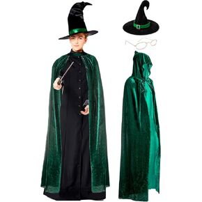 POEWAUVE Halloween Hooded Green Cloak Velvet Cape with Hood Witch Hat Wizard Glasses for Harry Costume Adult Women Cosplay （No Wand） in Kuwait