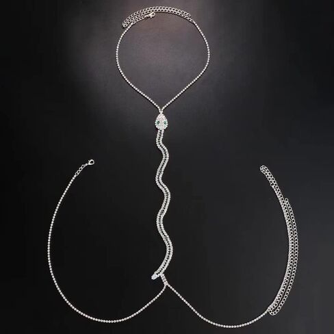 نييويي حمالة صدر من حجر الراين على شكل ثعبان فضي من حجر الراين، سلاسل صدر بيكيني للجسم مجوهرات للجسم بسيطة للنساء in Kuwait