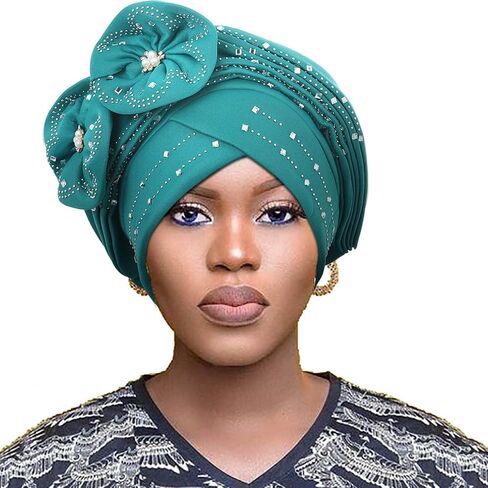 Woeoe Beanie Cap Head Wrap Black Rhinestones Head Scarf Flower Pearls Twisted Head Turban for Women Girls in Kuwait