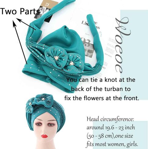Woeoe Beanie Cap Head Wrap Black Rhinestones Head Scarf Flower Pearls Twisted Head Turban for Women Girls in Kuwait