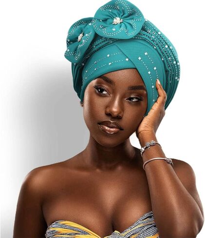 Woeoe Beanie Cap Head Wrap Black Rhinestones Head Scarf Flower Pearls Twisted Head Turban for Women Girls in Kuwait