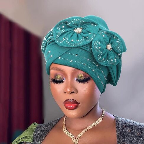Woeoe Beanie Cap Head Wrap Black Rhinestones Head Scarf Flower Pearls Twisted Head Turban for Women Girls in Kuwait