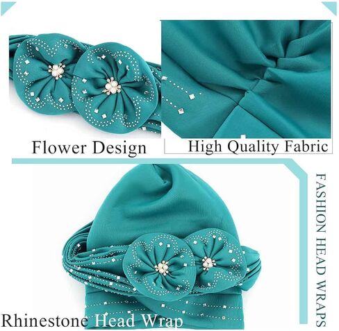 Woeoe Beanie Cap Head Wrap Black Rhinestones Head Scarf Flower Pearls Twisted Head Turban for Women Girls in Kuwait