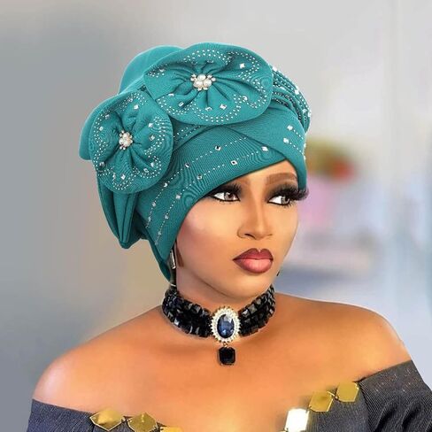 Woeoe Beanie Cap Head Wrap Black Rhinestones Head Scarf Flower Pearls Twisted Head Turban for Women Girls in Kuwait