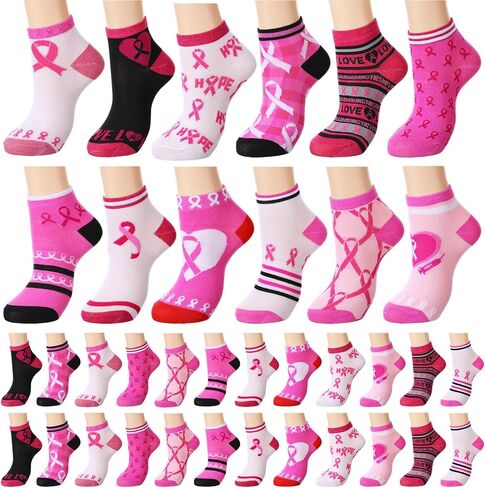 Xtinmee 36 Pairs Pink Ribbon Breast Cancer Awareness Socks for Women Soft Nurses Socks Sport Sock Bulk Breast Cancer Awareness Accessories Gifts for Women, 12 Styles in Saudi Arabia