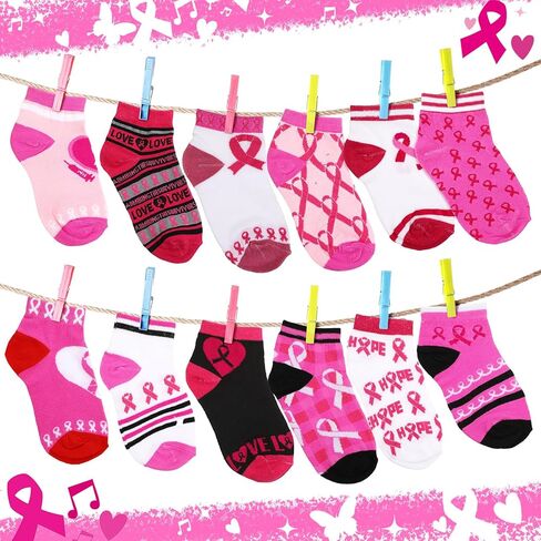Xtinmee 36 Pairs Pink Ribbon Breast Cancer Awareness Socks for Women Soft Nurses Socks Sport Sock Bulk Breast Cancer Awareness Accessories Gifts for Women, 12 Styles in Saudi Arabia