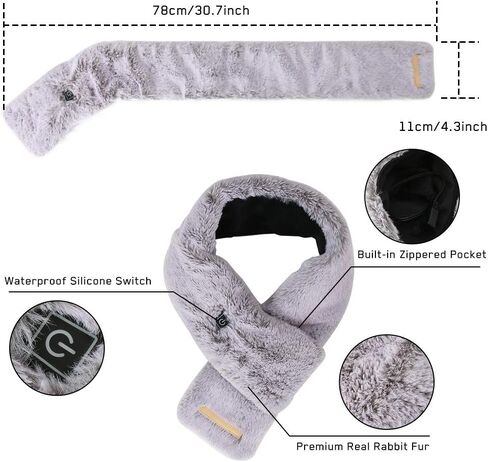 WIOR Electric Heated Scarf with Neck Heating Pad, Faux Rabbit Fur Collar Cozy Shawl, Fluffy Ski Snow Warm Winter Neck Wrap, Perfect for Boys Girls Women Autumn Winter Indoor Outdoor Use (Grey) in Kuwait