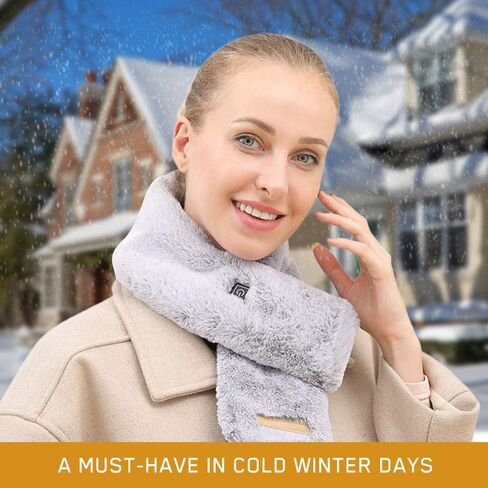 WIOR Electric Heated Scarf with Neck Heating Pad, Faux Rabbit Fur Collar Cozy Shawl, Fluffy Ski Snow Warm Winter Neck Wrap, Perfect for Boys Girls Women Autumn Winter Indoor Outdoor Use (Grey) in Kuwait