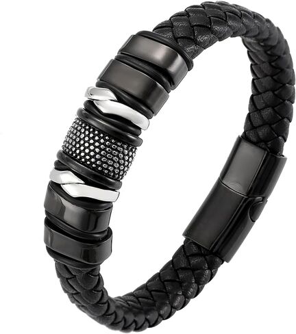 lwz Leather Bracelet with Buckle and Multiple Layers of Woven Leather for Men Titanium Steel Woven Leather Bracelet for Men's Wrist Magnetic Clasp in Saudi Arabia