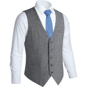 HISDERN Men's Herringbone Tweed Vest British Wedding Premium Wool Blend Suit Vest Business Formal Dress Vests Waistcoat