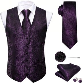 Barry.Wang Mens Paisley V-neck Suit Vest Formal/Leisure Silk Jacquard Waistcoat Tie Set 5PCS