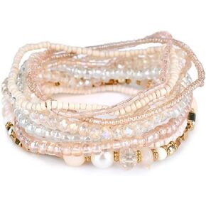 Fuqimanman2020 Boho Multilayer Crystal Beaded Stackable Stretch Bracelets Strand Elestic Simulated Pearl Bohemian for Women Girls Boho Handmade Jewelry in Saudi Arabia