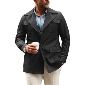 Pretifeel Mens Lightweight Safari Jacket Casual Military Button Up Multi-Pocket Cargo Coat Outwear