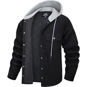MAGCOMSEN Men's Corduroy Jacket Hoodies Quilted Lined Button-Down Casual Shirt Jackets Cotton Warm Winter Coat 5 Pockets