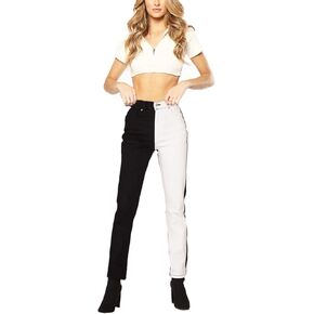 Ufehaho Women's High Waist Two Tone Color Block Jeans Straight Leg Stretchy Denim Pants in Kuwait