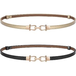 WERFORU Women 2 Pack Skinny Belt for Dress,Thin Waist Belt - Adjustable Leather Belt with Gold Buckle