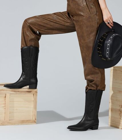 Arromic Cowboy Boots for Women Wide Calf Western Cowgirl Boots Square Toe Mid Calf Embroidered Pull on Chunky Heel Fashion Boots in Kuwait