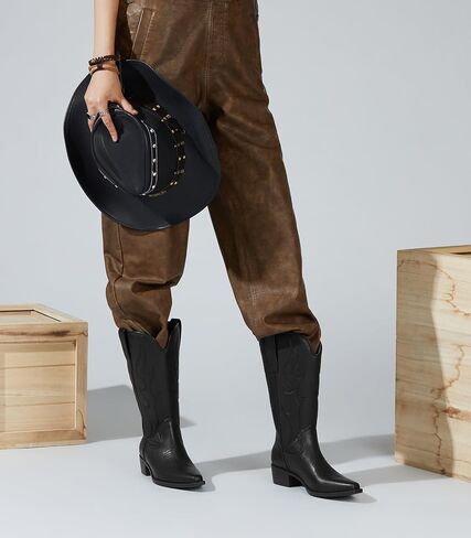 Arromic Cowboy Boots for Women Wide Calf Western Cowgirl Boots Square Toe Mid Calf Embroidered Pull on Chunky Heel Fashion Boots in Kuwait