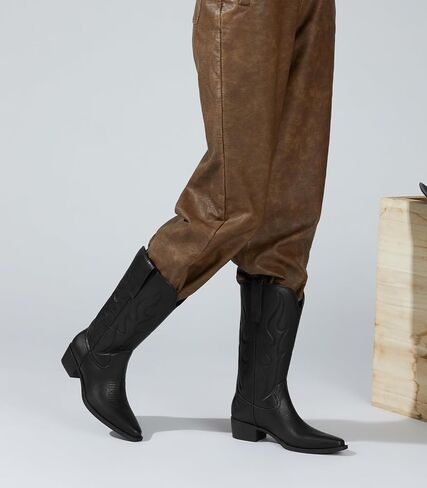 Arromic Cowboy Boots for Women Wide Calf Western Cowgirl Boots Square Toe Mid Calf Embroidered Pull on Chunky Heel Fashion Boots in Kuwait