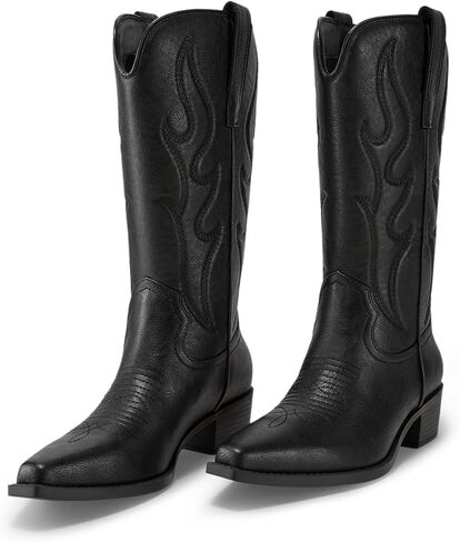 Arromic Cowboy Boots for Women Wide Calf Western Cowgirl Boots Square Toe Mid Calf Embroidered Pull on Chunky Heel Fashion Boots in Kuwait