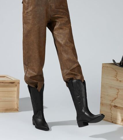 Arromic Cowboy Boots for Women Wide Calf Western Cowgirl Boots Square Toe Mid Calf Embroidered Pull on Chunky Heel Fashion Boots in Kuwait