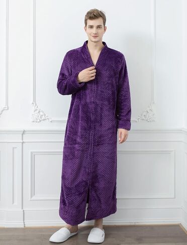 Locachy Men's Flannel Zip Bathrobes Soft Warm Long Fleece Plush Robe Housecoats Nightgown Sleepwear in Kuwait