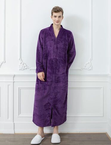 Locachy Men's Flannel Zip Bathrobes Soft Warm Long Fleece Plush Robe Housecoats Nightgown Sleepwear in Kuwait