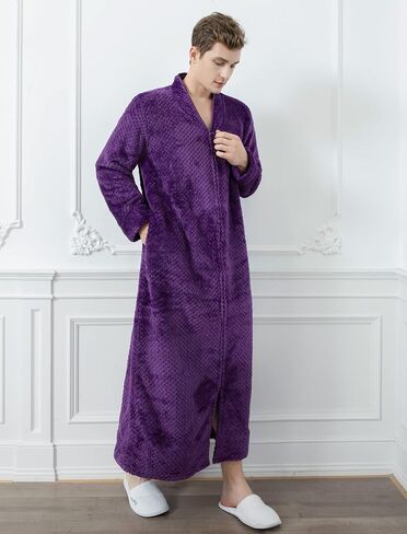 Locachy Men's Flannel Zip Bathrobes Soft Warm Long Fleece Plush Robe Housecoats Nightgown Sleepwear in Kuwait