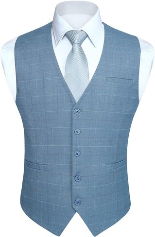 HISDERN Men's Suit Vest Plaid Dress Vest for Men Slim Fit Formal Business Waistcoat Tuxedo V-Ncek Solid Vest for Wedding in Kuwait