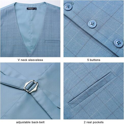 HISDERN Men's Suit Vest Plaid Dress Vest for Men Slim Fit Formal Business Waistcoat Tuxedo V-Ncek Solid Vest for Wedding in Kuwait