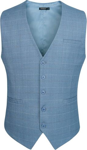 HISDERN Men's Suit Vest Plaid Dress Vest for Men Slim Fit Formal Business Waistcoat Tuxedo V-Ncek Solid Vest for Wedding in Kuwait