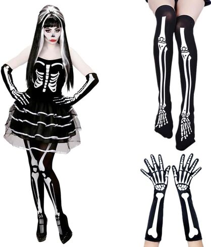قفازات هيكل عظمي للهالوين من JLGKNEE، مجموعة جوارب وجوارب هيكلية، قفازات جميع عظام الأصابع، قفازات الذراع الطويلة، زي كرنفال لعب الأدوار للرجال والنساء والأطفال في حفلة الهالوين in Kuwait