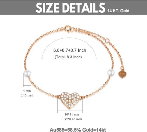 SISGEM 14k Gold Heart Bracelet for Women, Real Gold Pearl Love Jewelry Bracelets Gifts for Wife/Girlfriend, Present for Her, 6.8"+0.7"+0.7" in Kuwait