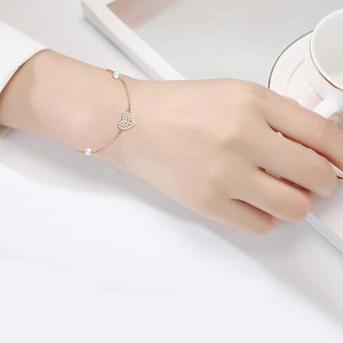 SISGEM 14k Gold Heart Bracelet for Women, Real Gold Pearl Love Jewelry Bracelets Gifts for Wife/Girlfriend, Present for Her, 6.8"+0.7"+0.7" in Kuwait
