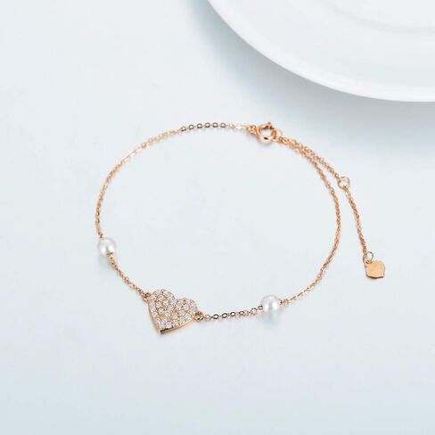 SISGEM 14k Gold Heart Bracelet for Women, Real Gold Pearl Love Jewelry Bracelets Gifts for Wife/Girlfriend, Present for Her, 6.8"+0.7"+0.7" in Kuwait