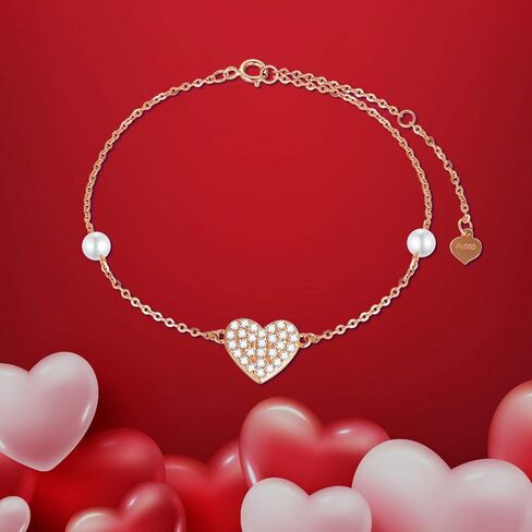 SISGEM 14k Gold Heart Bracelet for Women, Real Gold Pearl Love Jewelry Bracelets Gifts for Wife/Girlfriend, Present for Her, 6.8"+0.7"+0.7" in Kuwait
