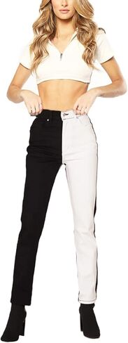 Ufehaho Women's High Waist Two Tone Color Block Jeans Straight Leg Stretchy Denim Pants in Kuwait