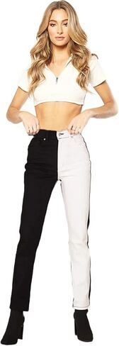Ufehaho Women's High Waist Two Tone Color Block Jeans Straight Leg Stretchy Denim Pants in Kuwait