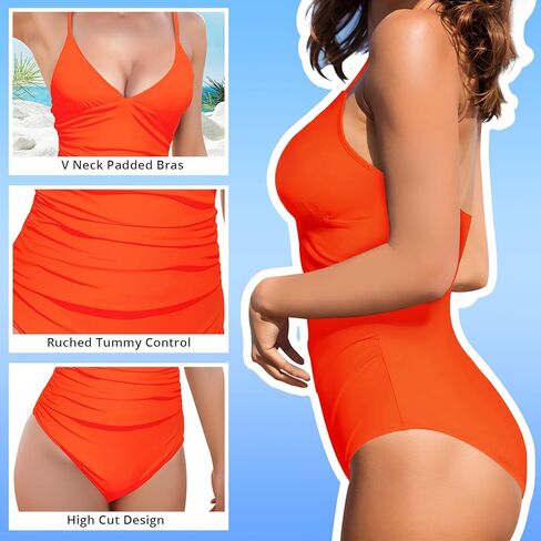 OPPOSHE One Piece Swimsuit Women Tummy Control, V Neck Bathing Suits with Adjustable Straps & Removable Padded in Kuwait