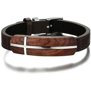 LG Gifts Ltd. سوار متقاطع من الجلد البني وخشب الورد للرجال المسيحيين | سوار معصم متقاطع مسيحي قابل للتعديل | سوار متقاطع من الجلد والخشب in Kuwait