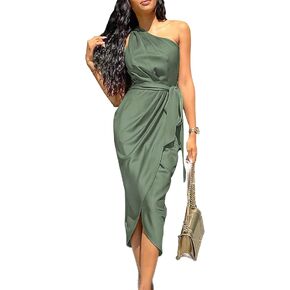 PRETTYGARDEN Women's 2023 Summer Ruched Bodycon Dress Sleeveless One Shoulder Wrap Satin Belted Cocktail Midi Dress