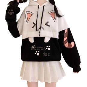 Cute Cat Graphic Hoodies Pullover Teen Girls Japanese Kawaii Anime Print Hooded Sweatshirt Fashion Tops