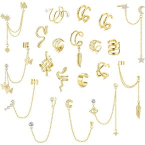 FUNRUN JEWELRY 20Pcs Ear Cuff Earrings for Women Non Piercing Cuff Chain Earrings Adjustable Helix Cartilage Cuff Wrap Earrings Clip on Earrings Jewelry Set