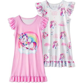 LQSZ 2Pcs Girls Nightgowns 3-10 Years Flutter Short Sleeves Dress Nightdress Sleepwear Pajamas Nightgowns for Girls