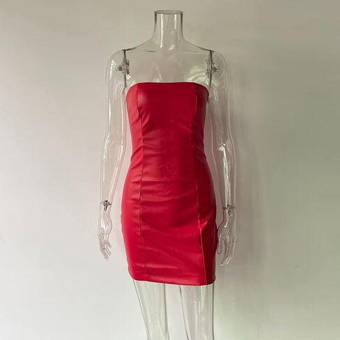 XLLAIS Women Sexy Off Shoulder Faux Leather Strapless Tube Top Mini Dress Bodycon Party Clubwear Dress in Kuwait