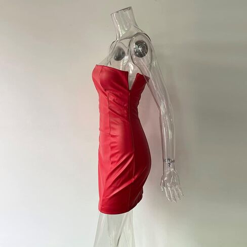 XLLAIS Women Sexy Off Shoulder Faux Leather Strapless Tube Top Mini Dress Bodycon Party Clubwear Dress in Kuwait