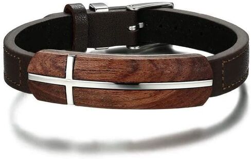 LG Gifts Ltd. سوار متقاطع من الجلد البني وخشب الورد للرجال المسيحيين | سوار معصم متقاطع مسيحي قابل للتعديل | سوار متقاطع من الجلد والخشب in Kuwait