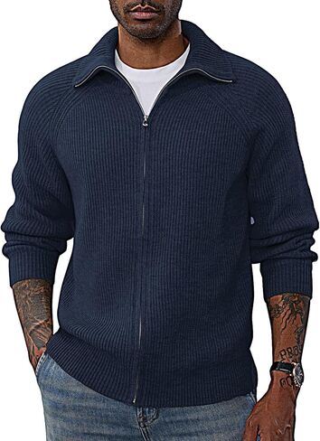PJ PAUL JONES Men's Full Zip Cardigan Sweaters Unisex Relax Fit Lapel Collar Raglan Sleeve Casual Ribbed Sweater in Kuwait