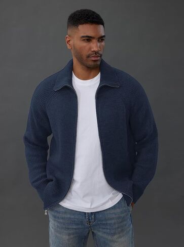 PJ PAUL JONES Men's Full Zip Cardigan Sweaters Unisex Relax Fit Lapel Collar Raglan Sleeve Casual Ribbed Sweater in Kuwait